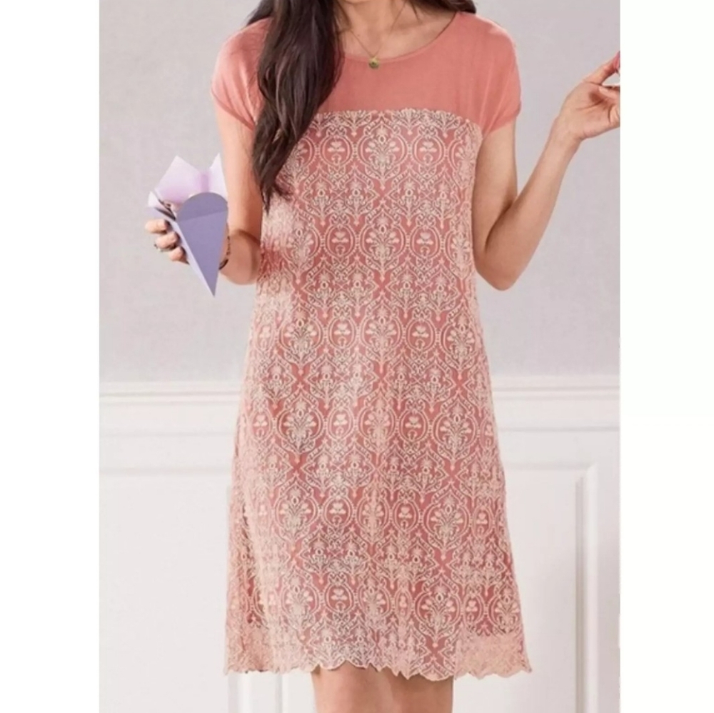 SUNDANCE Peach Rose Palace Embroidered Short Sleeve Party Summer Shift Dress PXL